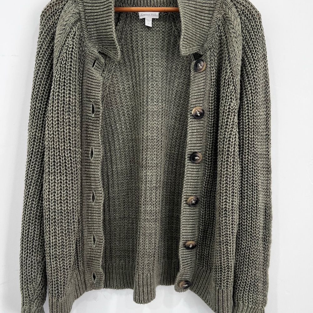 Garnet Hill Olive Green Chunky Knit Button-Front Sweater